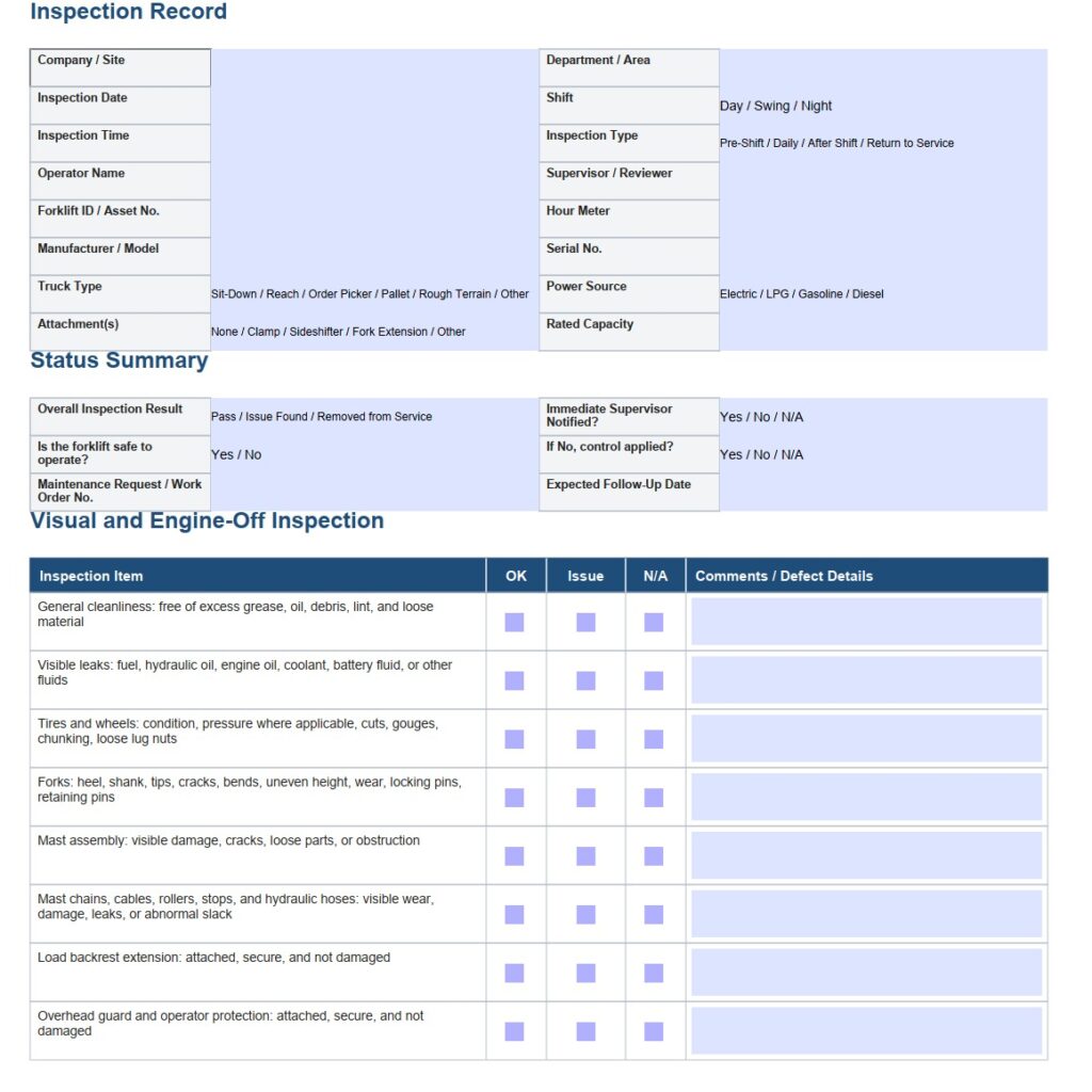 Free Forklift Inspection Checklist Template