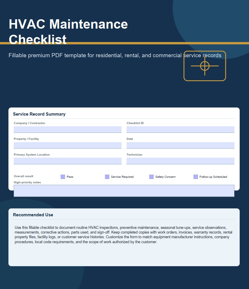 HVAC Maintenance Checklist Word, Excel and PDF