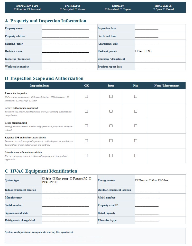 Apartment HVAC Inspection Checklist