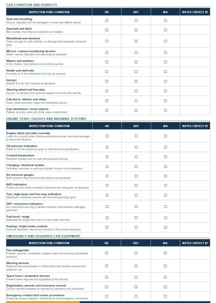 CDL Pre-Trip Inspection Checklist