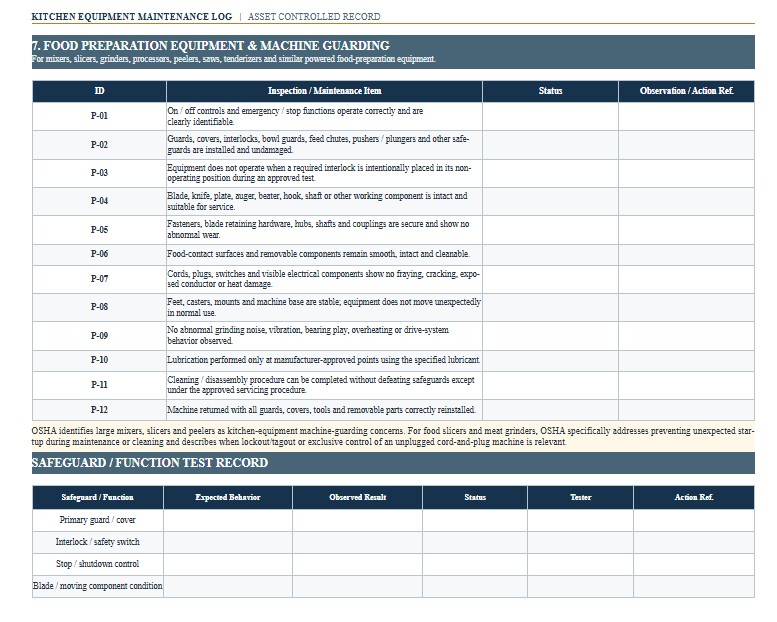 Kitchen Equipment Maintenance Log