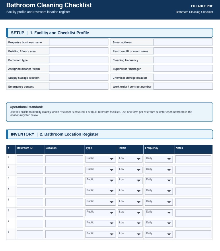 Bathroom Cleaning Checklist Word, Excel and PDF