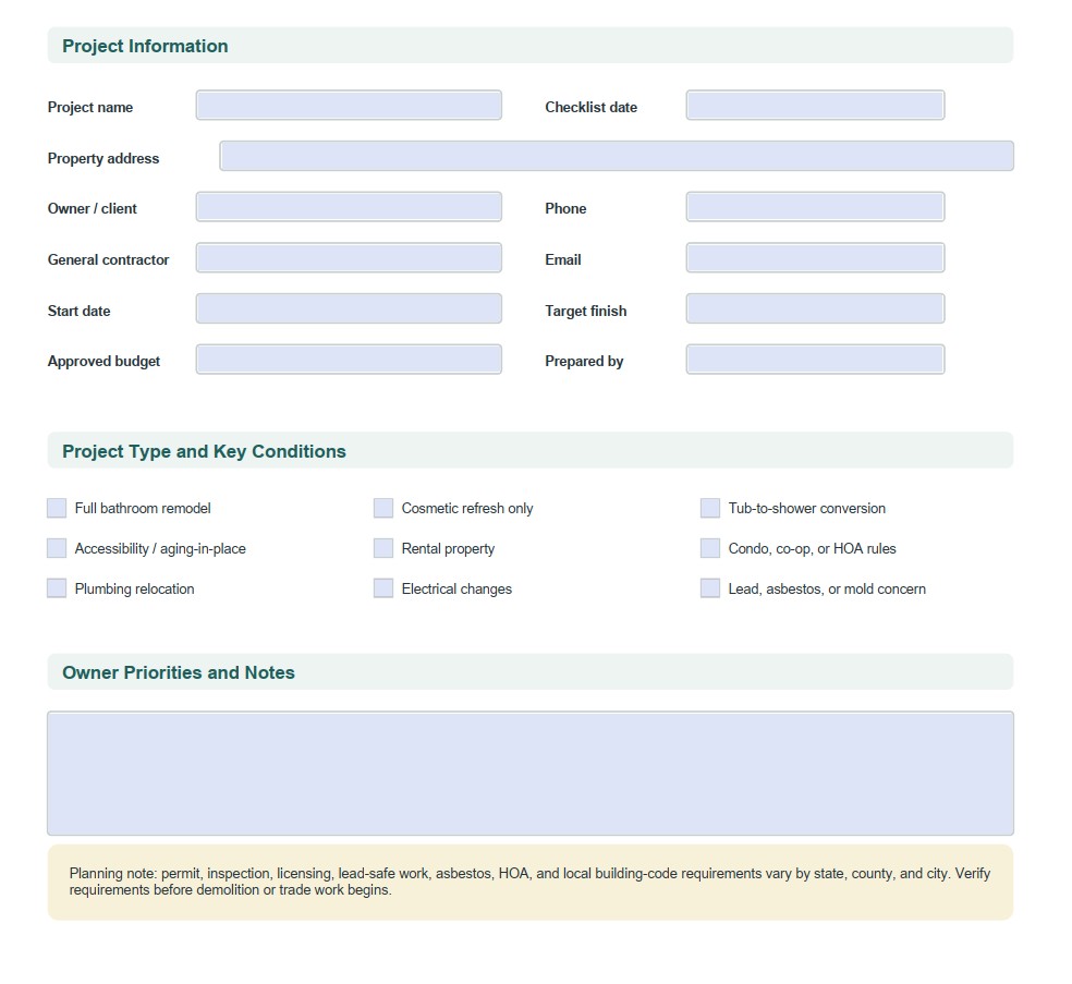 Bathroom Remodel Checklist Word, Excel and PDF