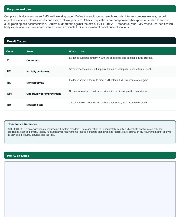 ISO 14001:2015 Checklist Word, Excel and PDF