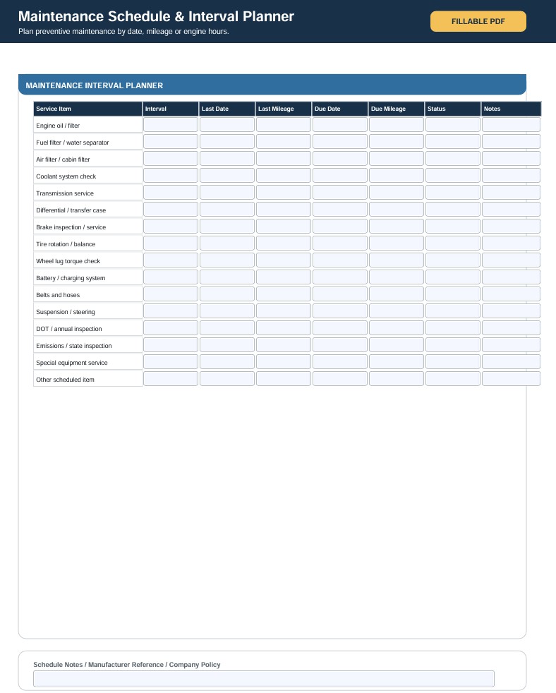 Truck Maintenance Checklist Template