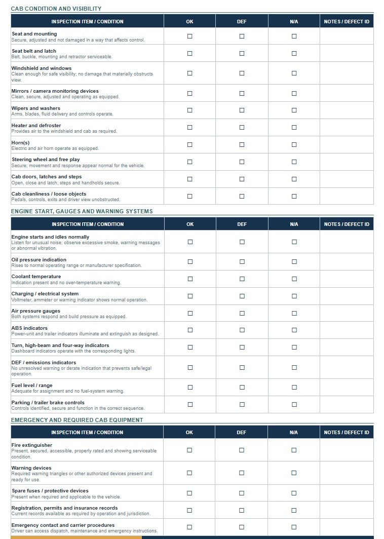 CDL Pre-Trip Inspection Checklist