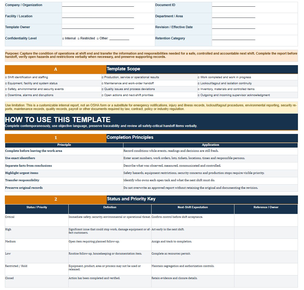 End of Shift Report Template
