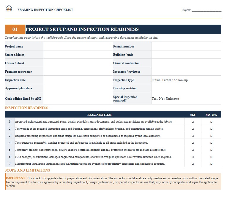 Framing Inspection Checklist Template