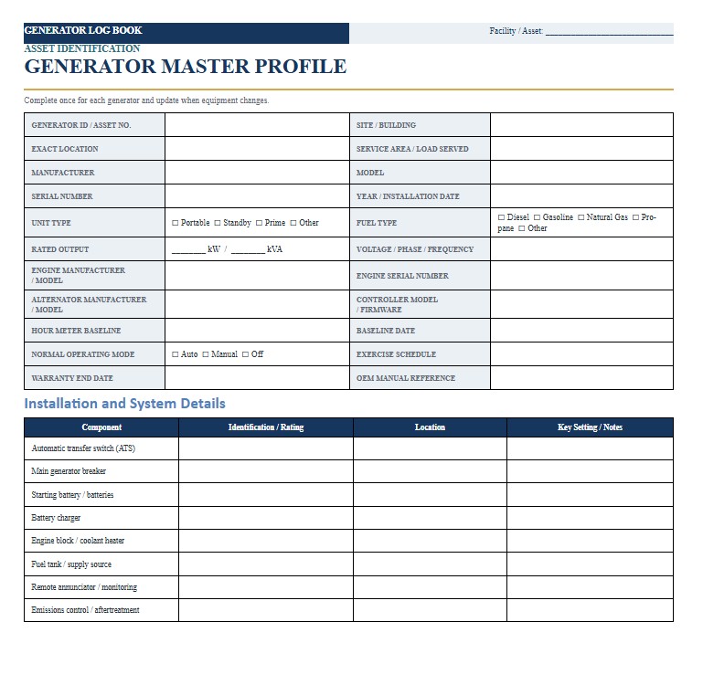 Generator Log Book Template