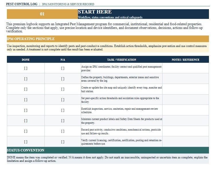 Pest Control Log Template