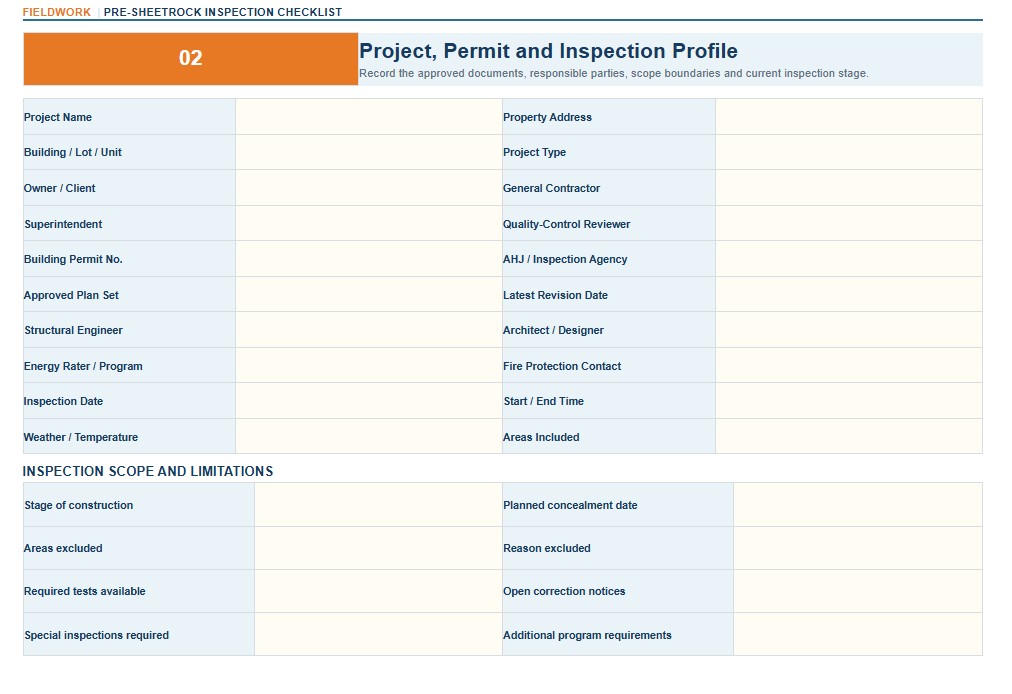 Pre Sheetrock Inspection Checklist