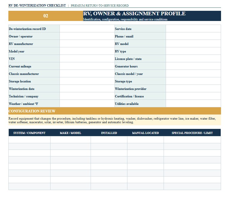 RV De-Winterization Checklist Word, Excel and PDF
