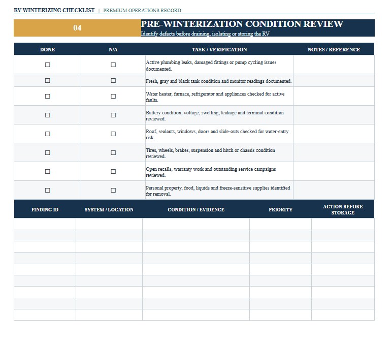 RV Winterizing Checklist Word, Excel and PDF