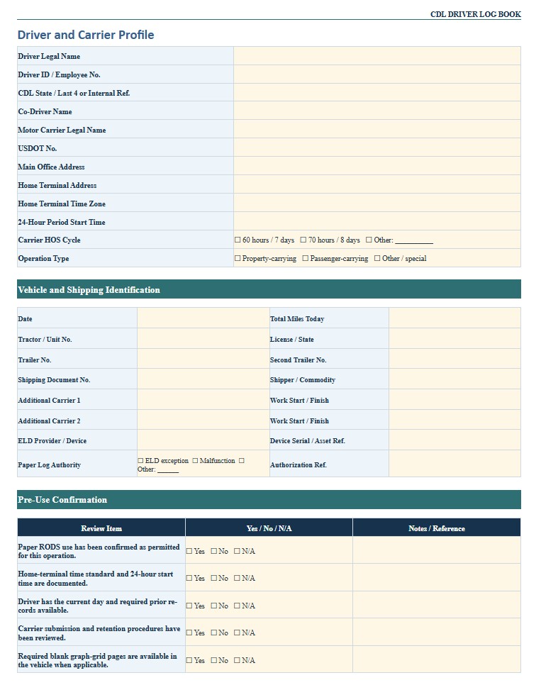 CDL Driver Log Book