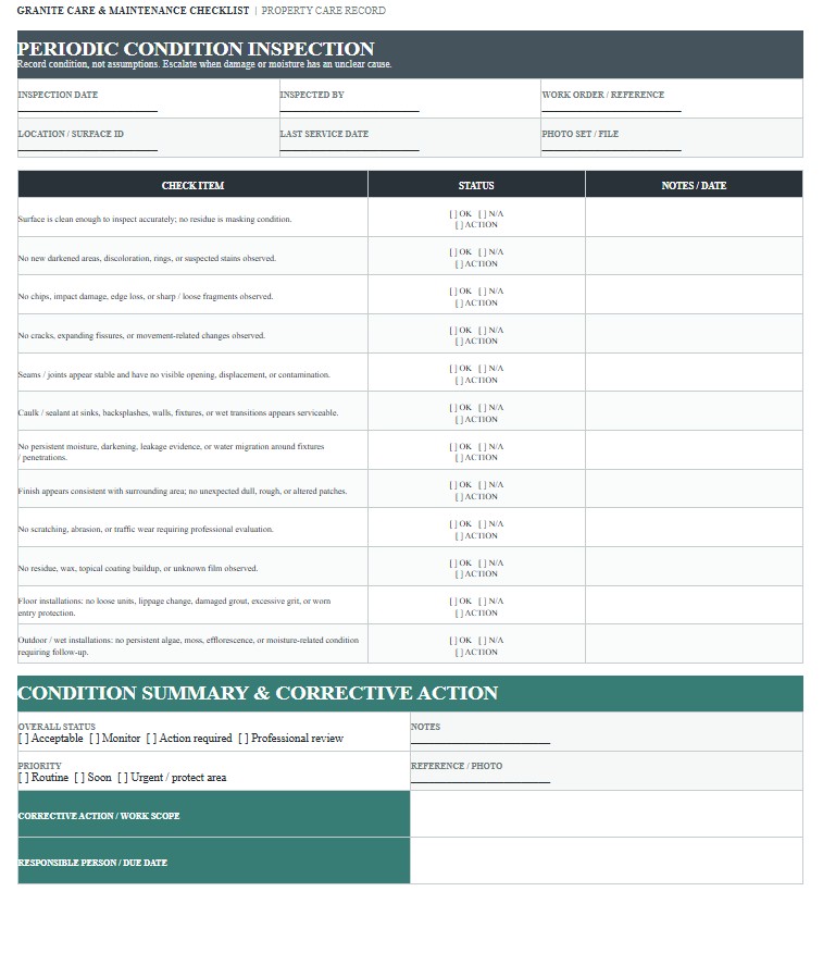 Granite Care and Maintenance Checklist