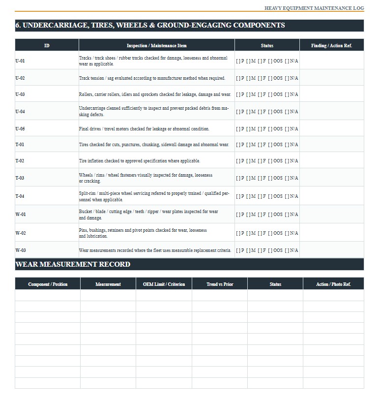 Heavy Equipment Maintenance Log